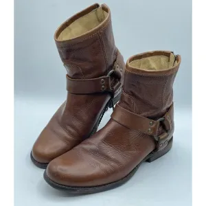 Frye Phillip Harness Short Brown Leather Motorcycle Rear Zip Boots Womens 7.5 B