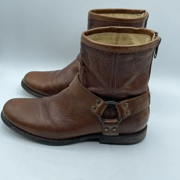 Frye Phillip Harness Short Brown Leather Motorcycle Rear Zip Boots Womens 7.5 B