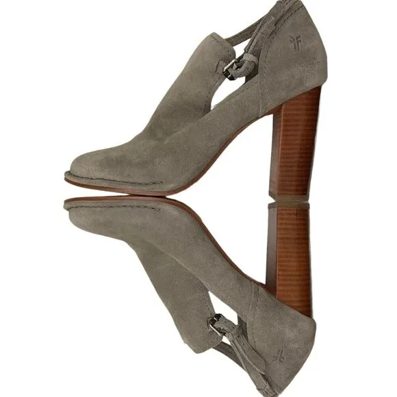 Frye Size 9.5 Suede Shoes 4  Block Heel Gray Ankle Strap Almond Toe Womens Heels