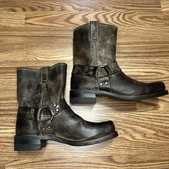 Frye Size 9M Men Rustic Brown Leather Harness Motorcycle Riding Square Toe Boots