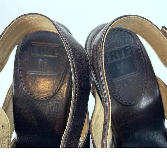 FRYE Slingback Brown Leather Platform Clog Shoe Womens (6) Flora Stitch Boho