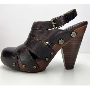 FRYE Slingback Brown Leather Platform Clog Shoe Womens (6) Flora Stitch Boho