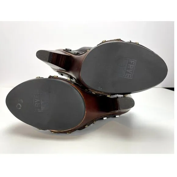 FRYE Slingback Brown Leather Platform Clog Shoe Womens (6) Flora Stitch Boho