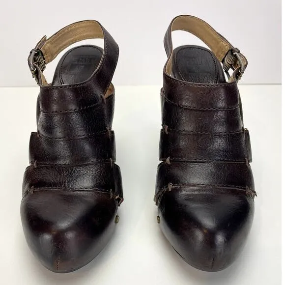 FRYE Slingback Brown Leather Platform Clog Shoe Womens (6) Flora Stitch Boho