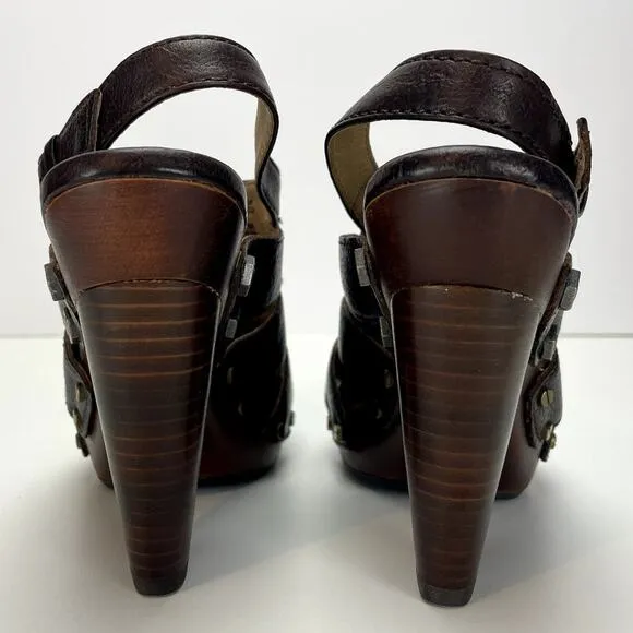 FRYE Slingback Brown Leather Platform Clog Shoe Womens (6) Flora Stitch Boho