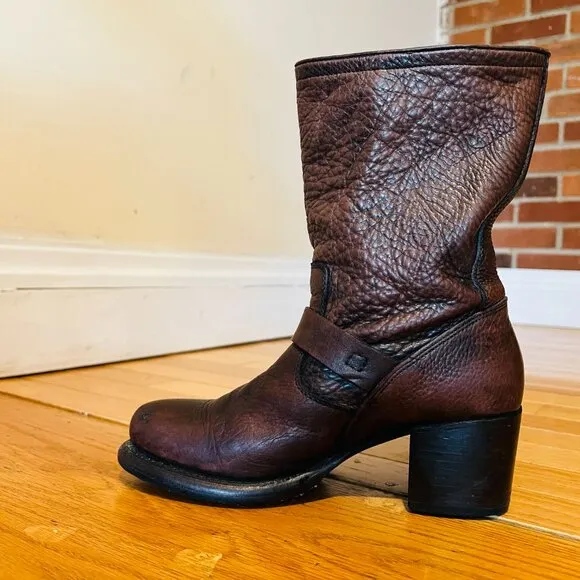 Frye Vera Short Engineer Motorcycle Belted Brown Leather Boots - Size 5.5