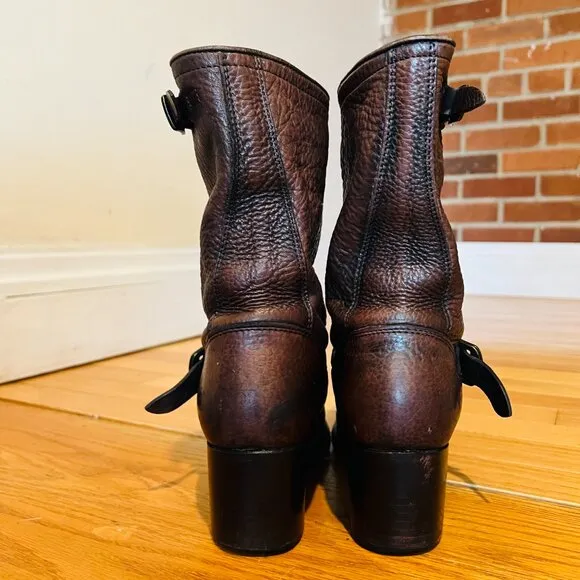 Frye Vera Short Engineer Motorcycle Belted Brown Leather Boots - Size 5.5