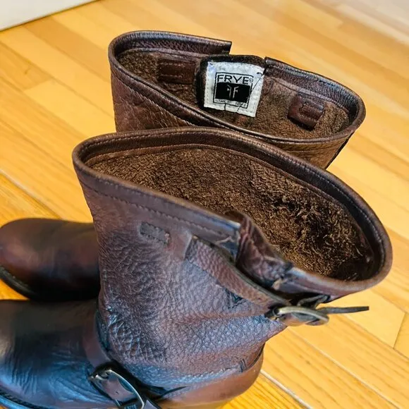 Frye Vera Short Engineer Motorcycle Belted Brown Leather Boots - Size 5.5