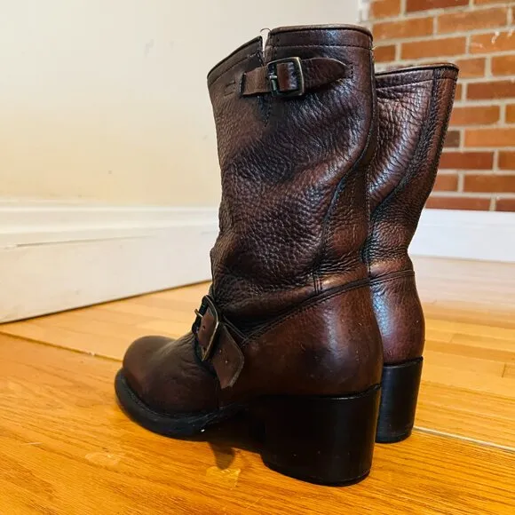 Frye Vera Short Engineer Motorcycle Belted Brown Leather Boots - Size 5.5