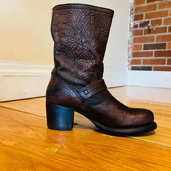 Frye Vera Short Engineer Motorcycle Belted Brown Leather Boots - Size 5.5