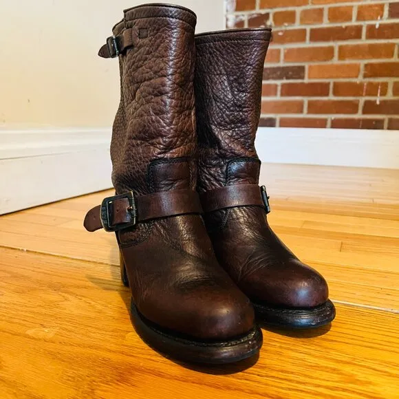Frye Vera Short Engineer Motorcycle Belted Brown Leather Boots - Size 5.5