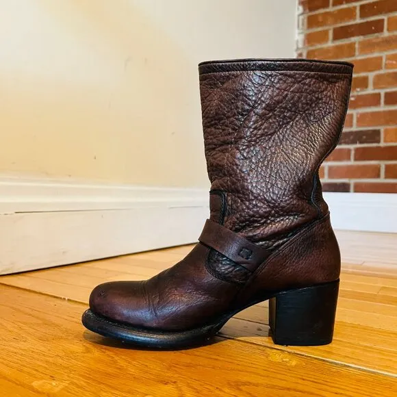 Frye Vera Short Engineer Motorcycle Belted Brown Leather Boots - Size 5.5