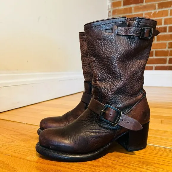 Frye Vera Short Engineer Motorcycle Belted Brown Leather Boots - Size 5.5