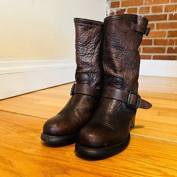 Frye Vera Short Engineer Motorcycle Belted Brown Leather Boots - Size 5.5