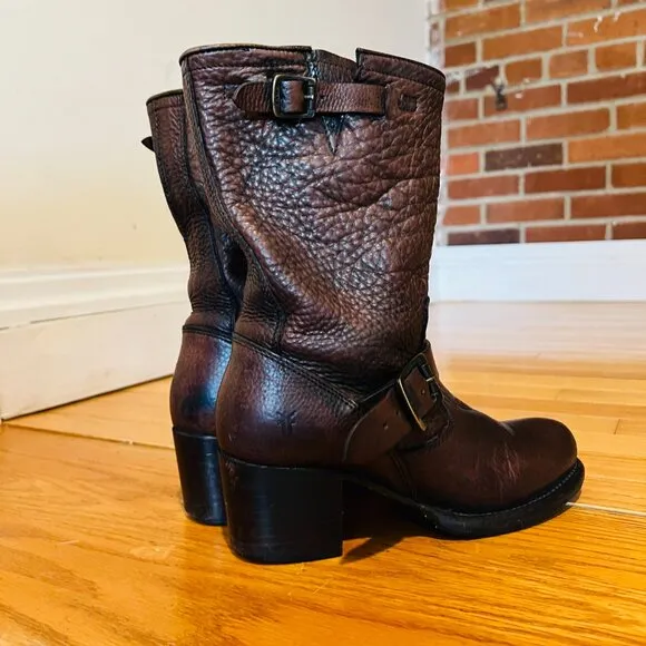 Frye Vera Short Engineer Motorcycle Belted Brown Leather Boots - Size 5.5