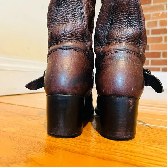 Frye Vera Short Engineer Motorcycle Belted Brown Leather Boots - Size 5.5