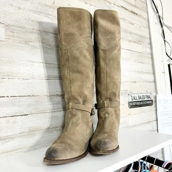 Frye Women's Beige Suede Dorado Riding Leather Motorcycle Tall Biker Boots 7