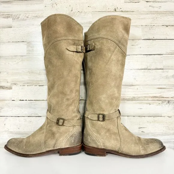 Frye Women's Beige Suede Dorado Riding Leather Motorcycle Tall Biker Boots 7