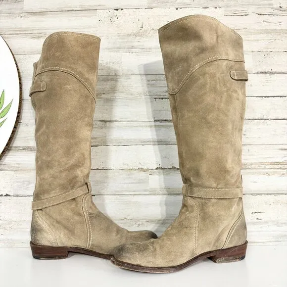 Frye Women's Beige Suede Dorado Riding Leather Motorcycle Tall Biker Boots 7