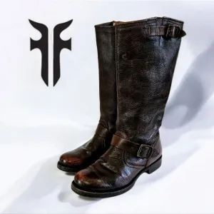 Frye Veronica Slouch Tall Buckle Soft Brown Leather Engineer Biker Moto Boot 8