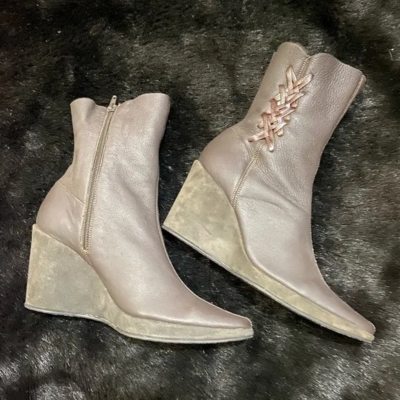 Fur Lined Leather Ankle Boots Wedge Booties Side Zipper Casual Warm Cozy Paris