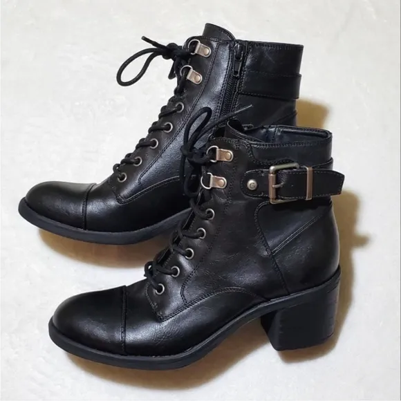 G By Guess Leather Moto Ankle Boots Combat Black Buckle Heeled Lassey-F Lace Up