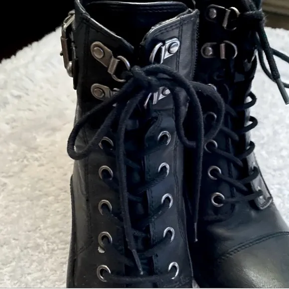 G By Guess Leather Moto Ankle Boots Combat Black Buckle Heeled Lassey-F Lace Up