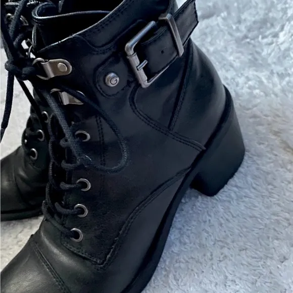 G By Guess Leather Moto Ankle Boots Combat Black Buckle Heeled Lassey-F Lace Up