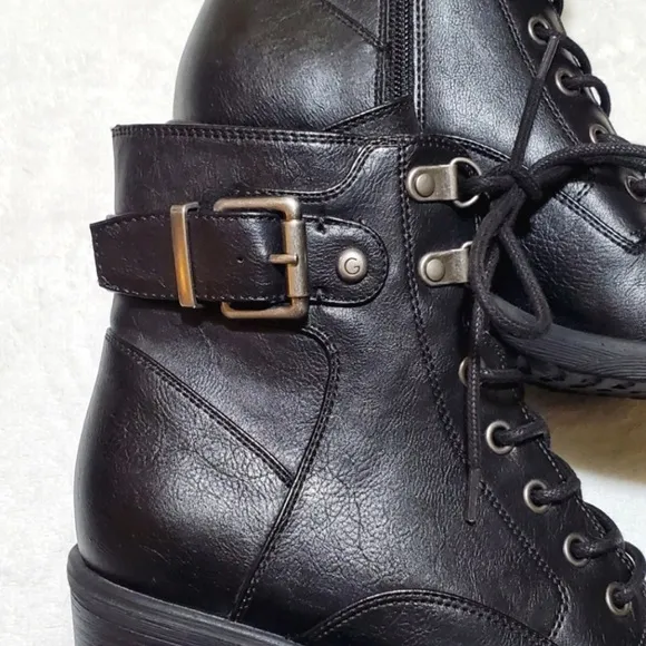 G By Guess Leather Moto Ankle Boots Combat Black Buckle Heeled Lassey-F Lace Up