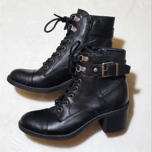 G By Guess Leather Moto Ankle Boots Combat Black Buckle Heeled Lassey-F Lace Up