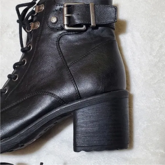 G By Guess Leather Moto Ankle Boots Combat Black Buckle Heeled Lassey-F Lace Up