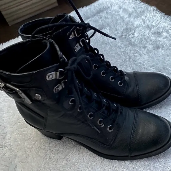 G By Guess Leather Moto Ankle Boots Combat Black Buckle Heeled Lassey-F Lace Up