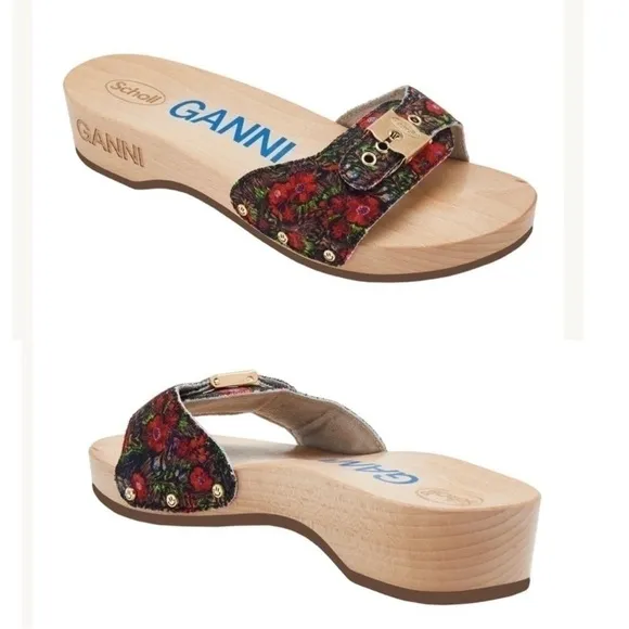 GANNI X Dr. Scholl Red Floral Slip on Low Heel Sandal Clogs Size 8 NEW