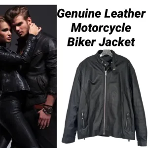 Genuine Leather Jacket Vintage Moto Biker Motorcycle Coat Black 3XL XXXL Size 56