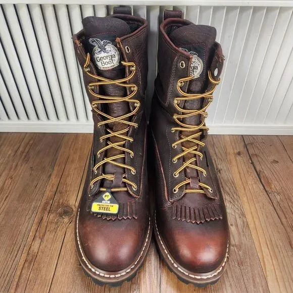 Georgia Boot 8&quot; Logger Waterproof Steel Toe Work Boots Mens Sz 14 M Brown G7313