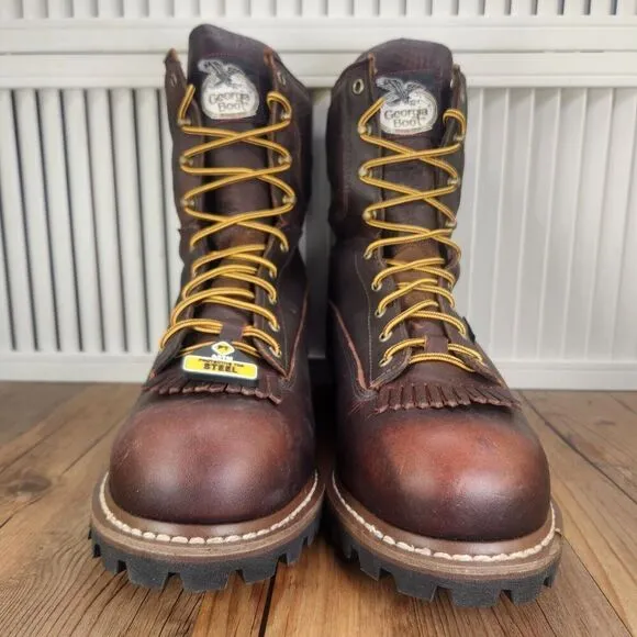 Georgia Boot 8&quot; Logger Waterproof Steel Toe Work Boots Mens Sz 14 M Brown G7313