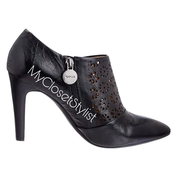 GEOX Black Leather Booties! 9 39.5 NEW Laser Cut Zipper Boots