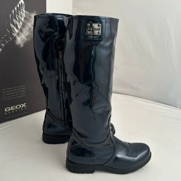 Geox navy metallic patent leather look all-weather tall boots 10
