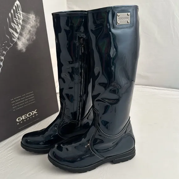 Geox navy metallic patent leather look all-weather tall boots 10