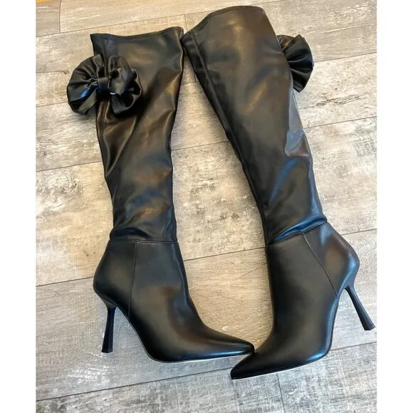 Gianni Bini Black Faux Leather Over-The-Knee Boots Bows Pointed Toe NWOB
