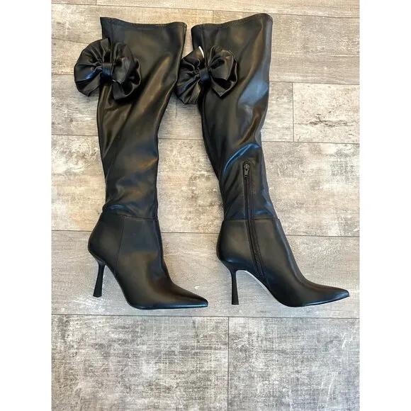 Gianni Bini Black Faux Leather Over-The-Knee Boots Bows Pointed Toe NWOB
