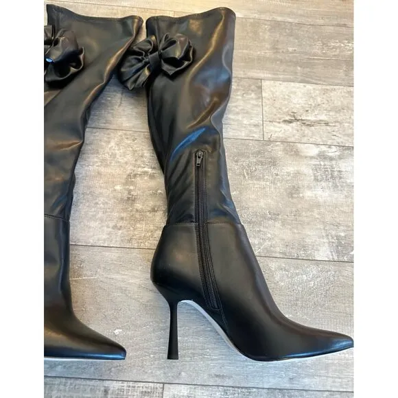 Gianni Bini Black Faux Leather Over-The-Knee Boots Bows Pointed Toe NWOB