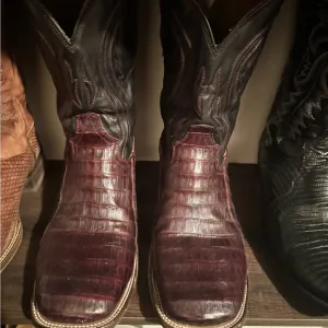 Glossy Black and Brown Western Boots with Textured Finish