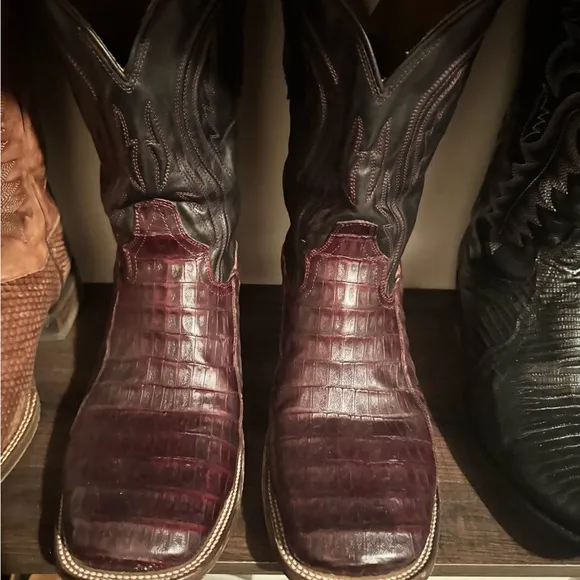Glossy Black and Brown Western Boots with Textured Finish