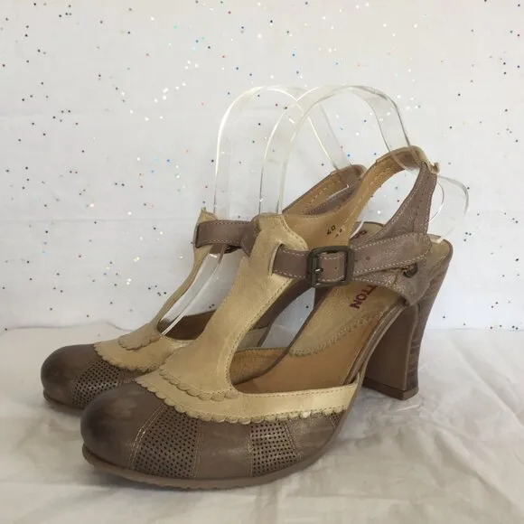 Gold button Taupe Brown Metallic Leather T Strap Pumps - Size 40.  US 9