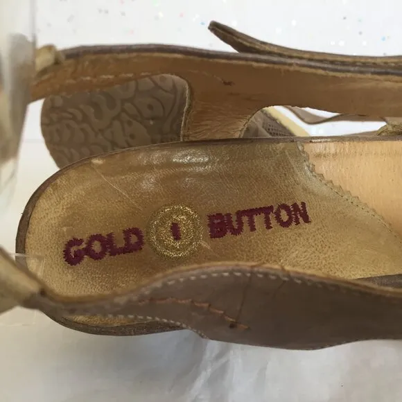 Gold button Taupe Brown Metallic Leather T Strap Pumps - Size 40.  US 9