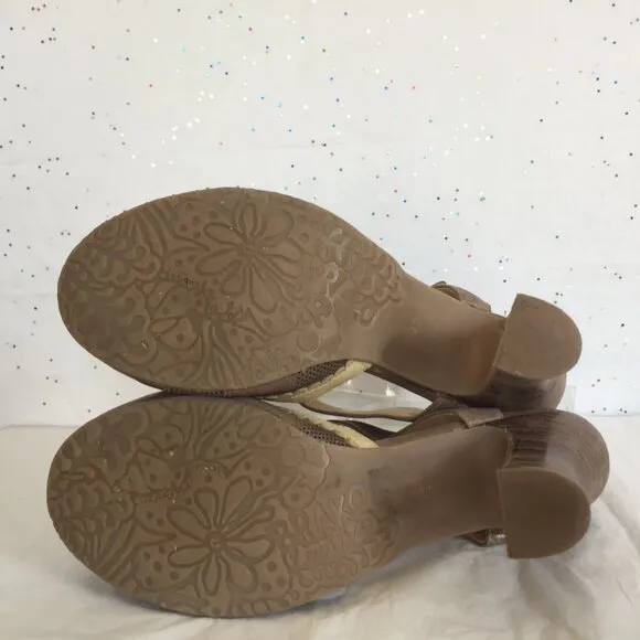 Gold button Taupe Brown Metallic Leather T Strap Pumps - Size 40.  US 9