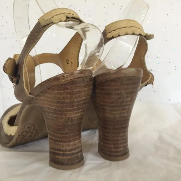 Gold button Taupe Brown Metallic Leather T Strap Pumps - Size 40.  US 9