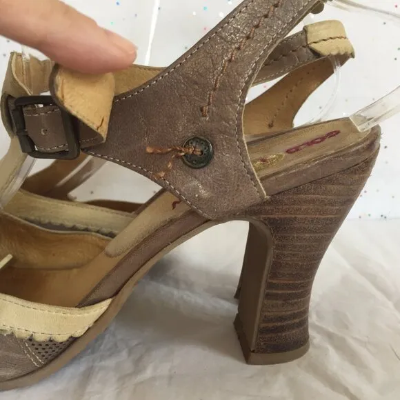 Gold button Taupe Brown Metallic Leather T Strap Pumps - Size 40.  US 9