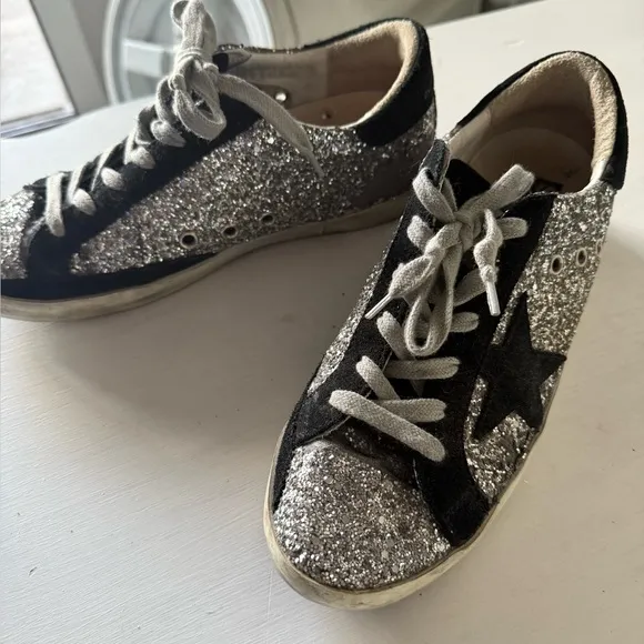 Golden Goose Black and Silver Glitter Athletic Shoes
